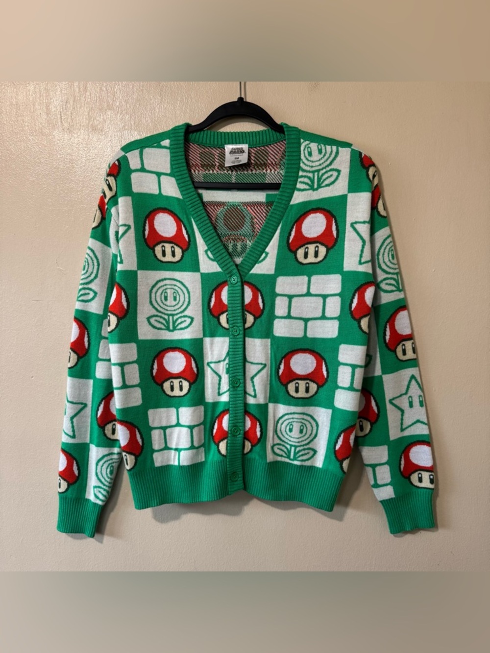 Nintendo Super Mario Bros Green Cardigan Sweater with Red & White Mushroom